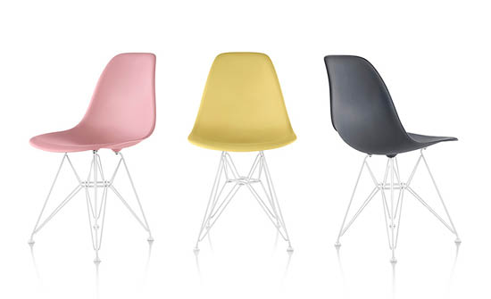 Blush, pale yellow and charcoal Eames Shell Chair colours. Images source hermanmiller.com