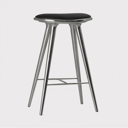 The Mater Recycled Aluminum Stool comes in 3 sizes and is made of recycled aluminum with a black Italian leather seat.