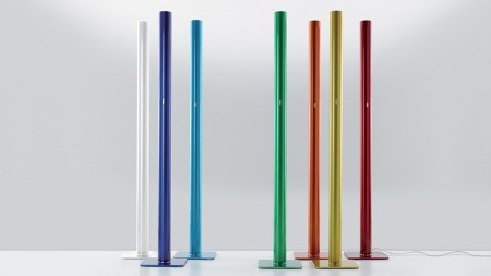 The Artemide Ilio Floor Lamp, designed by Artemide's founder, Ernesto Gismondi, 2013, comes in 7 colours and uses LEDs as its light source. 