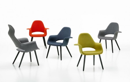 The Organic Chair, designed by Charles Eames & Eero Saarinen, 1940,  is a comfortable small reading armchair that has a higher backrest and neck support. In addition, the armrests and seat area are broader and longer. Available in 12 curated colours.