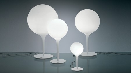 The Castore family of lighting, designed by Michele De Lucchi, 2003, has a spherical diffuser design that is enhanced by a removable-fitting and tapering luminous stem.  