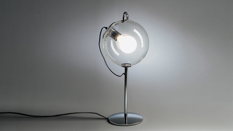 The Artemide Miconos family of lighting, designed by Ernesto Gismondi, 1998, features a unique design in which the bulb is covered by a perfect sphere of transparent glass.