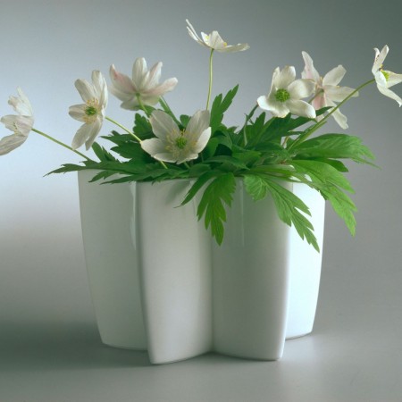 The Carambola Vase blend utility (made of strong bone china) with pure white translucent beauty. 