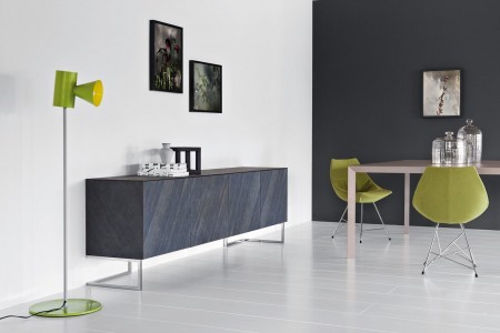The Pianca Spazio Sideboard is available in burnt oak, white high gloss or this amazing black slate. The interior shelving is glass.