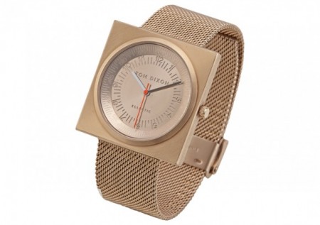 The Tom Dixon Block Watches are available in brass leather, rose gold and stainless steel.