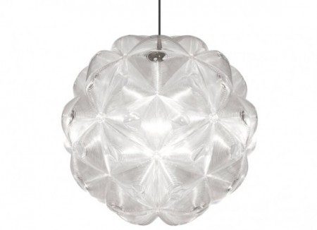 The Lens Pendant Light is a spherical light made of 60 triangular poly-carbonate lenses that refract and focus the light bulb in an unusually luminous way.