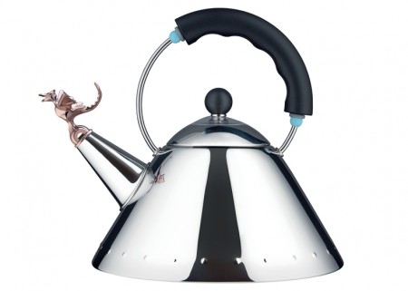 The Alessi Tea Rex Kettle is available with a black or blue handle and a choice of two whistles: copper metallic finish or light green.