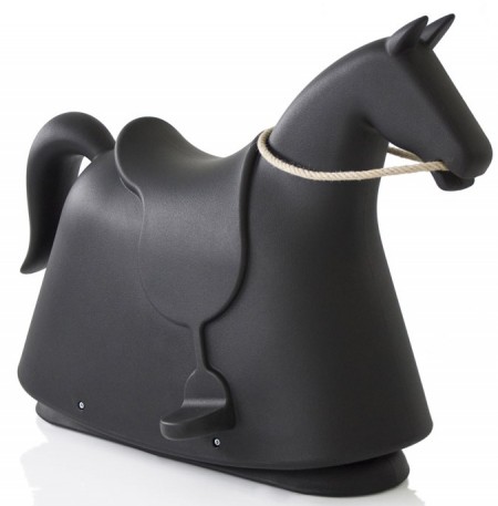 Kids can ride this horse off into the sunset. Choose black, brown or white and the rein is natural hemp rope.