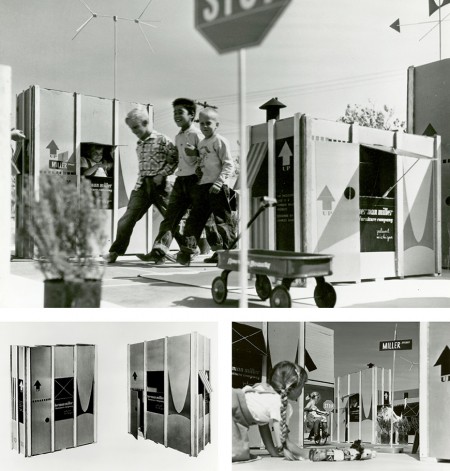 Set up in what appears to be the parking lot outside the Eames Office, Carton City apes the fictional community of Mayberry, with stop signs, neighborly visiting, even miniature landscaping (top). Dotted lines printed onto the Eames Storage Unit shipping cartons indicate ideal locations for the entrance and windows with awnings, 1950 (bottom left). Sun-kissed kids play in Eames Alley and Miller Street (bottom right). © Eames Office, LLC