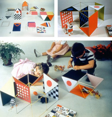 The Toy combined thin wooden dowels, pipe cleaners, and a set of square and triangular stiffened-paper panels in green, yellow, blue, red, magenta, and black. Children could run the dowels through sleeves on the edges of the panels to strengthen them, and then attach these struts at the corners. Initially sold in a big, flat box via the Sears catalog, the Eameses soon redesigned this packaging as well, creating a far more elegant 30-inch hexagonal tube, into which all parts could be rolled and stored.