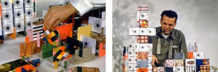 The photographs and patterns on the House of Cards (left) were chosen with much deliberation, intended to illustrate common objects like scissors, buttons, lockets, and lace whose everyday beauty might be overlooked. Tin cars and tin trains also appear, five years before they would be animated in the Eames film  "Toccata for Toy Trains." The notches on House of Card made them easier than The Toy to build with, as Charles Eames demonstrates (right), 1952. © Eames Office, LLC