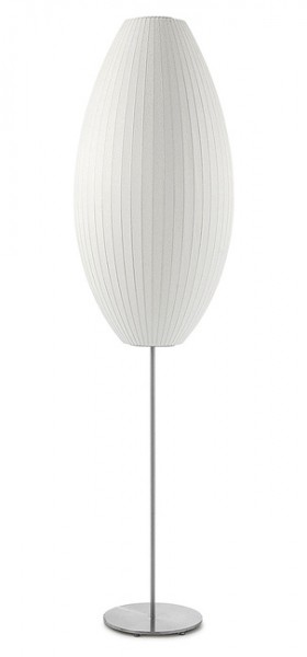 Built to last a lifetime, the Original George Nelson Bubble Lamp Cigar Lotus Floor Lamp is solidly constructed of brushed, nickel-plated steel. Each lamp stand has a Walnut cover concealing a 6.5 pound steel base for stability, a 9-foot cord, and an easy-to-use on/off floor switch. This floor lamp is available in three sizes.