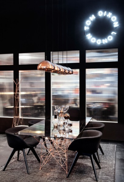 The Tom Dixon Pylon Table combines with the Scoop Chair (low) and the Void Pendant Light, which is available in stainless steel, copper and brass.