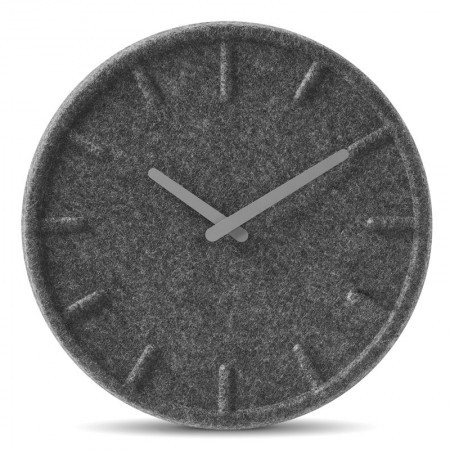 The LEFF amsterdam Felt Wall Clock, designed by Sebastian Herkner, 2012, has a face made of grey felt, for a soft, quiet appearance. The hands are available in white, grey and orange.
