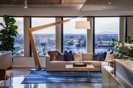 Cerno's X-large floor lamp, Valeo, adjustability in the reach and the height of the shade makes it possible to custom fit the piece to its surroundings