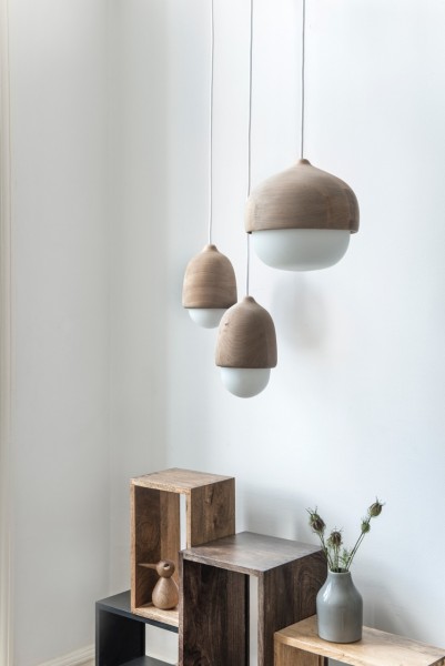 In Finnish Terho means acorn and the name refer to the natural and sympathetic shapes of acorns found in nature. The special color of alder wood and the opal made of white mouth blown glass is a unique combination of glass and wood only seen in lamps designs on rare occasions. The Terho lamps can be used individually or as a combination of different sizes in a small group. 